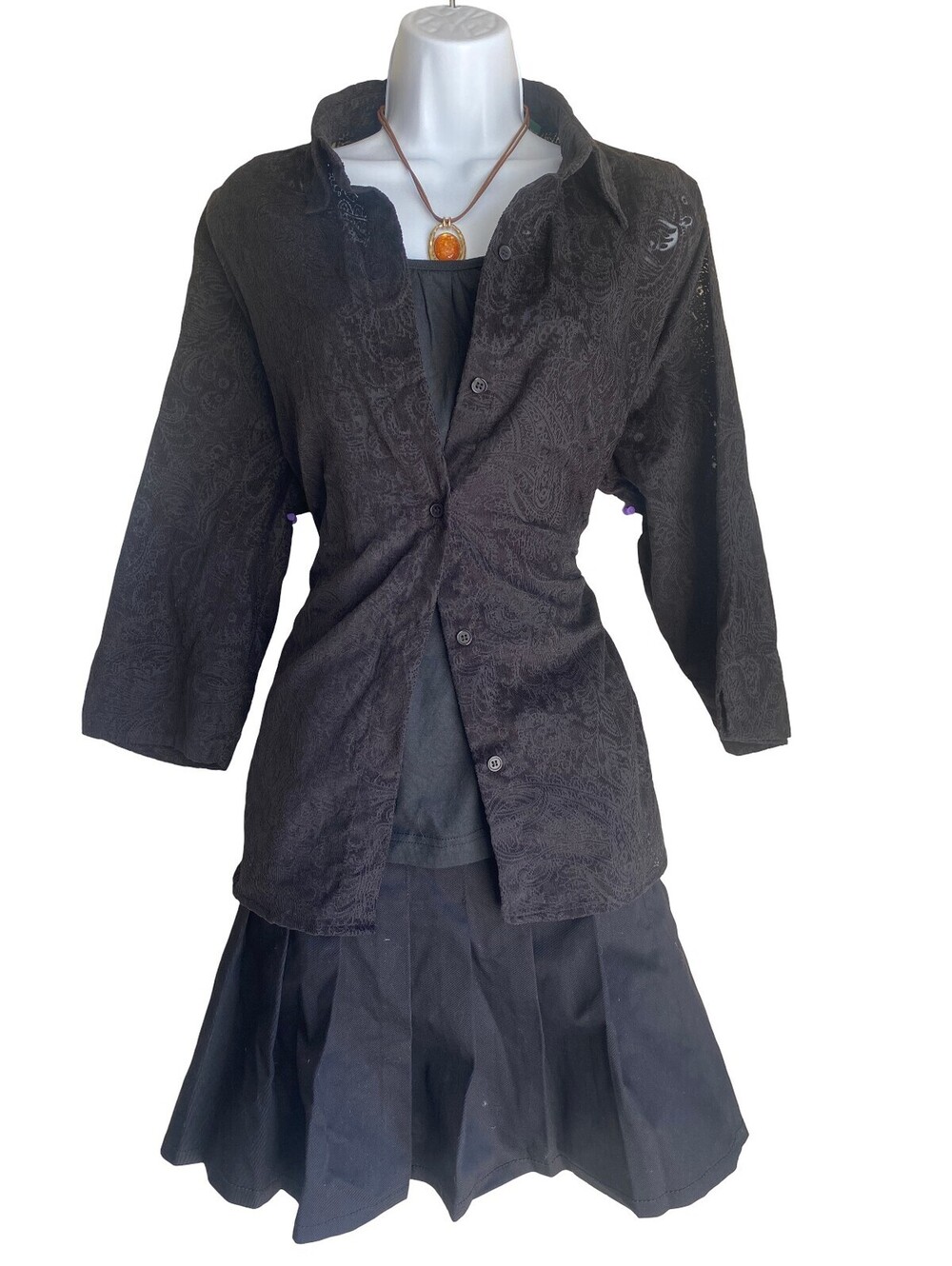 VTG Lemon Grass Studio Plus XL Black Paisley Lace Button Up Tunic Blouse Set